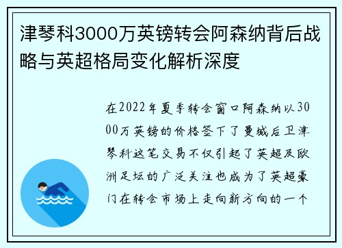 津琴科3000万英镑转会阿森纳背后战略与英超格局变化解析深度