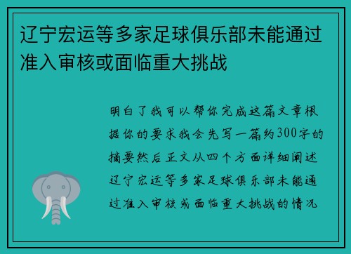 辽宁宏运等多家足球俱乐部未能通过准入审核或面临重大挑战 辽宁宏运等多家足球俱乐部未能通过准入审核或面临重大挑战